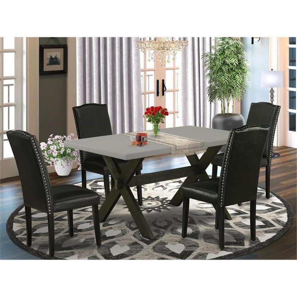 East West Furniture X696En169-5 5 Piece Dining Table Set Includes A Rectangle Dining Room Table With X-Legs And 4 Black Faux Leather Parsons Chairs, 36X60 Inch, Multi-Color